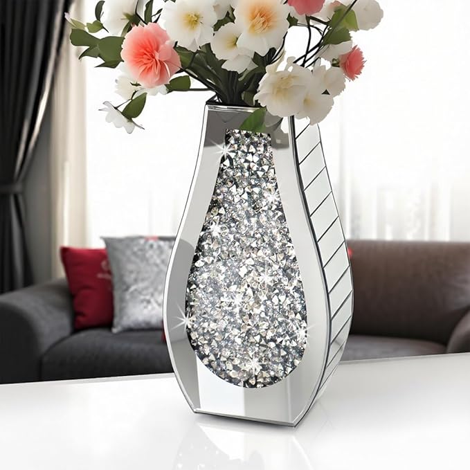 ALLARTONLY Flower Vase Crushed Diamond Mirrored Vase Crystal Silver Glass Decorative Mirror Vase Large Size Luxury for Home Decor. Arc-Shaped Thickened. Can’t Hold Water.