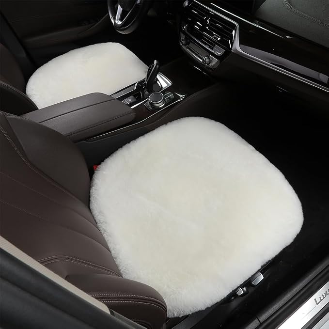 OGLAND Fuzzy Sheepskin Car Seat Cover | Luxury Comfortable Soft Cushion All Seasons | Auto Golf Cart Protection Pad for Pet Elderly Durable Long Drive Travel (White 1 Front Seat Cover)