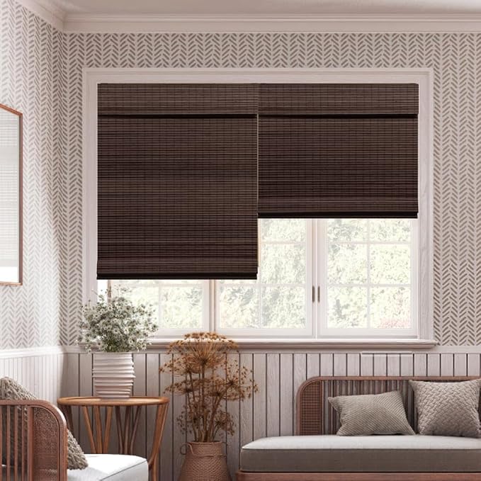 LUCKUP Cordless Bamboo Roman Blinds Shades for Indoor Windows-Blackout Room Darkening Roman Blinds with 6" Valance Cover Enhanced Privacy, 22" W x 64" H