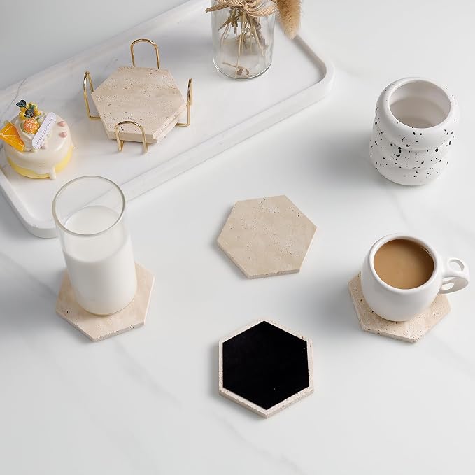 Travertine Coasters Set of 6 with Holder, Hexagonal Rustic Farmhouse Beige Marble Drink Coasters for Coffee Table Decor, Porous Stone Absorbent Coaster for Drinks, Velvet Backed