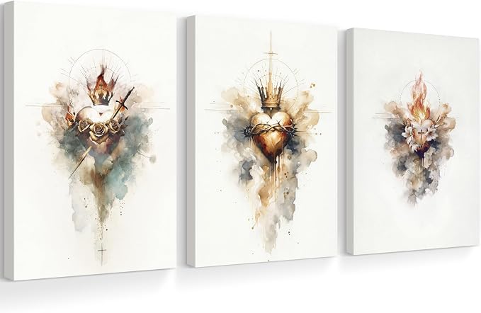 Jesus Canvas Wall Art Sacred heart of Jesus Pictures Christian Wall Decor Catholic Poster Religious Wall Art Heart of Mary and Joseph Painting Divine Mercy Prints for Bedroom 16x24 Inch Ready to Hang