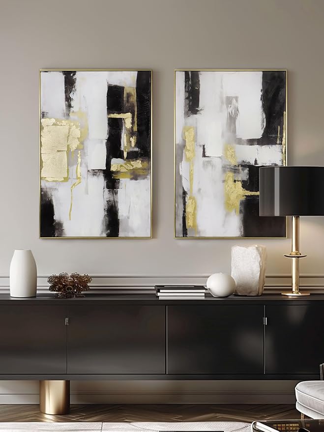 Modern Abstract Wall Art Decor- Black and Gold, 24x36 inch x 2, Framed - Ideal for Large Living Room or Bedroom