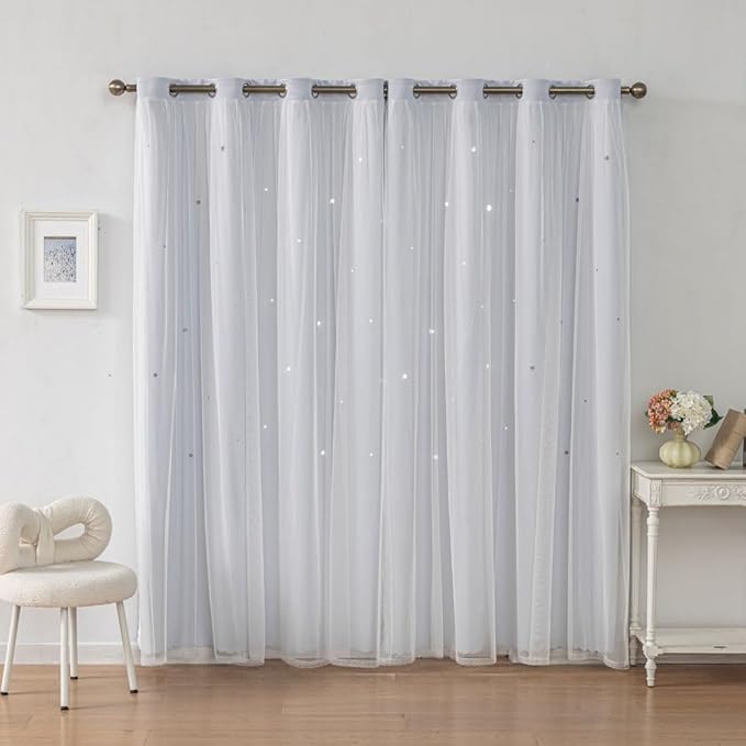 FANLI Ombre Rainbow Blackout Curtains for Kid Girls Bedroom Living Room Darking Stripe Double Layer Star Cut Out Wall Home Decor Gradient Grommet Window Curtains (Greywish White 72)