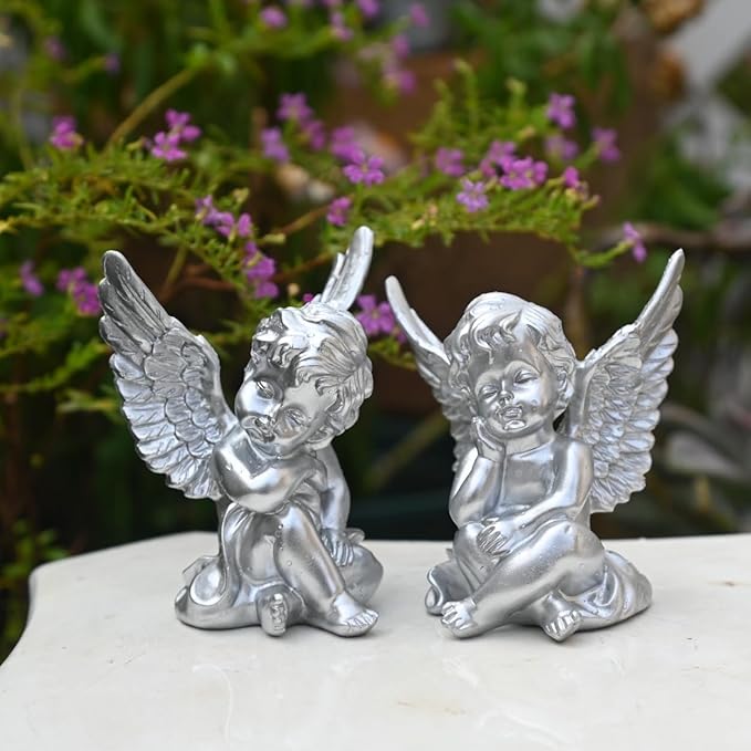 OwMell Set of 2 Cherubs Angels Resin Statue Figurine, Indoor Home Decoration, Adorable Angel Sculpture Memorial Statue 4" - Silver