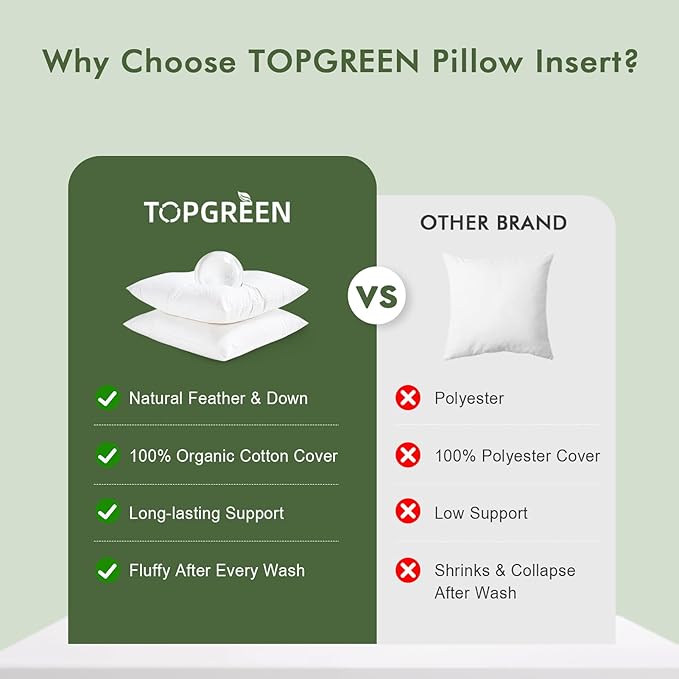 TOPGREEN Feathers Down Pillow Inserts 14x14, Set of 2, 100% Organic Cotton Shell, Soft Decorative Square Throw Pillows for Living Room Sofa, Couch, or Bed (White)