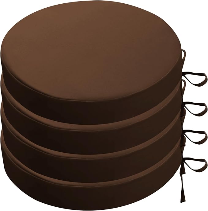 SK Studio Round Outdoor Chair Cushions for Patio Furniture, Set of 4 Waterproof Patio Chair Cushion with Adjustable Ties for Garden Sofa Couch, Coffee, 16"x16"x2"