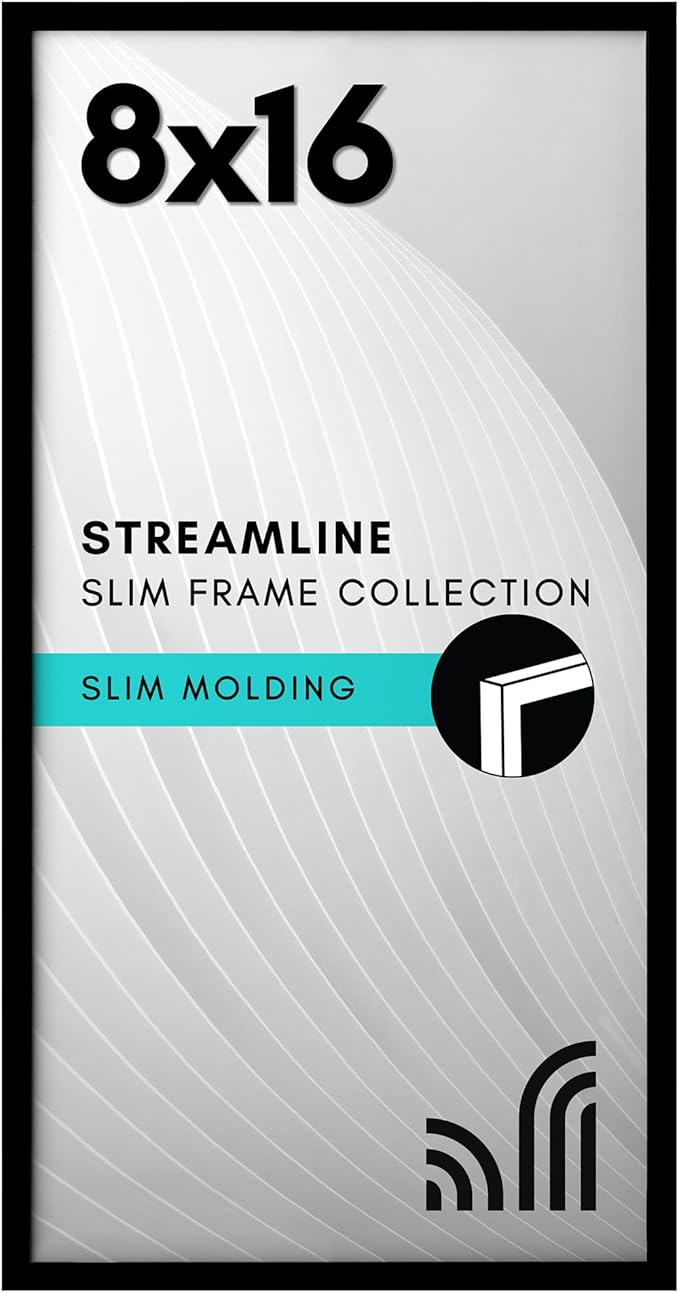Americanflat 8x16 Picture Frame with Shatter-Resistant Glass - Streamline Collection - Thin Border Photo Frame for Tabletop and Wall Display - Hanging Hardware and Easel Stand Included - Black