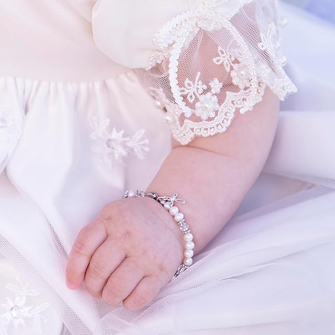 Cherished Moments Personalized Baptism to Bride Cross Bracelet Gift for Girls with Engraved Heart in 925 Sterling Silver and Cultured Pearl