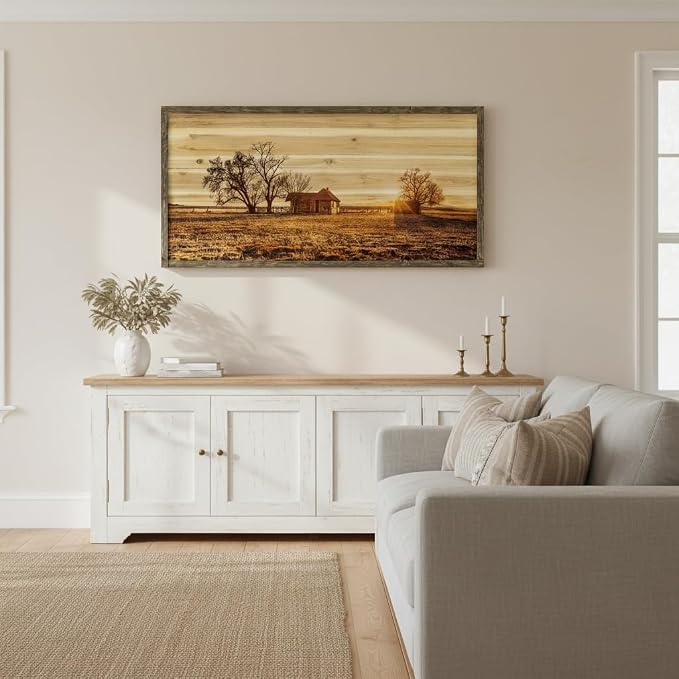 Farmhouse Wall Art Framed Picture: Large Country Farm Landscape Scene Wood Painting Decor Rustic Long Barn Old Cabin Print Horizontal Big Sunset Nature Countryside View Artwork for Living Room Bedroom