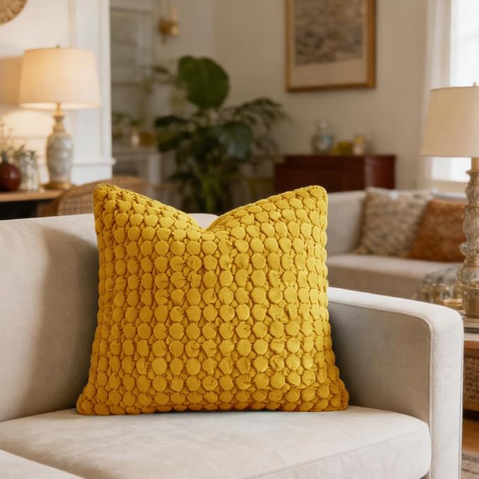 Pillow Cover 24x24 1 Piece Velvet Euro Sham Decorative Farmhouse Pillowcase Boho Square Cushion Covers Soft Bubble Texture for Couch Sofa Bed Bedroom Car Living Room，Yellow