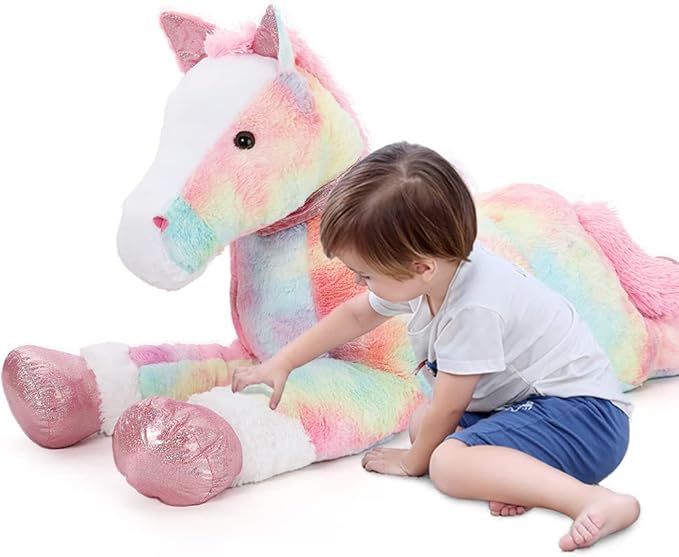 Tezituor 47 Inch Large Horse Stuffed Animal Toy, 4ft Tie-Dye Pink Horse Pony Plush Toy, Hugging Giant Soft Horse Plush Pillow for Kids Adult