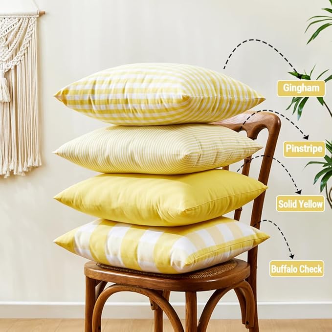 Yellow Striped Summer Outdoor Throw Pillow Covers 18x18 Set of 2, 18 x 18 Yellow and White Outdoor Throw Pillows, Modern Farmhouse Boho Decor Pillow Covers for Porch Patio (No Pillow Inserts)