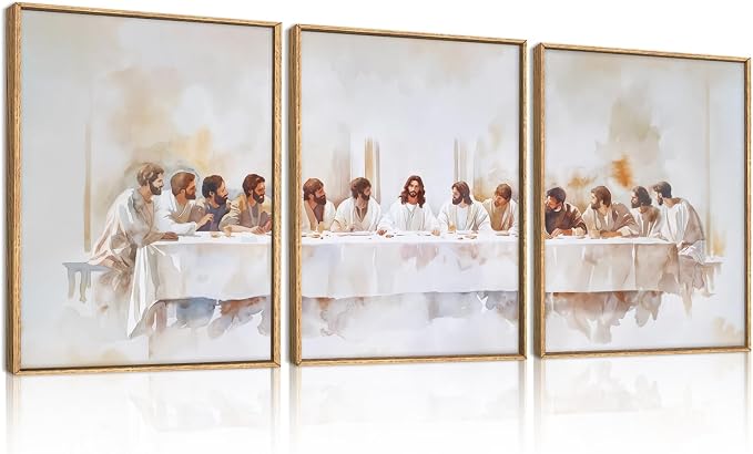 KAIRNE Jesus Last Supper Framed Canvas Wall Art Set, Christian Twelve Apostle Wall Decor, Bible Renaissance wall Painting, Religious Picture Art Print for Living Room, Bedroom, Church-12 x16 x3