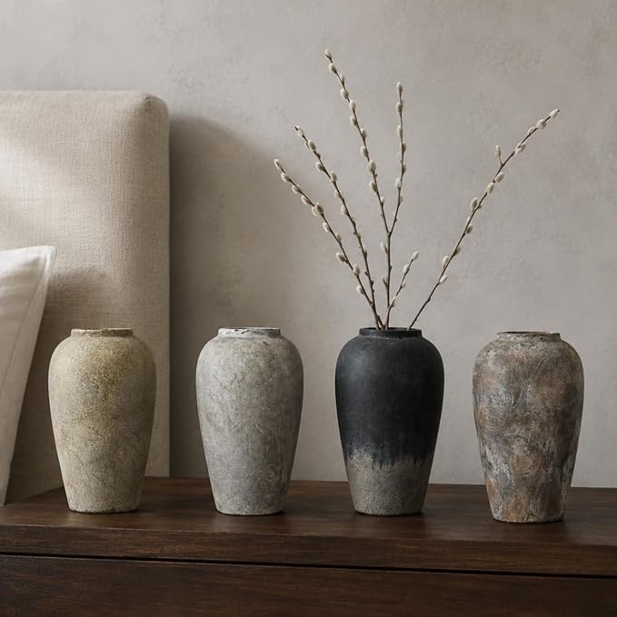 Ceramic Rustic Farmhouse Vase, 12 Inch Black Handmade Pottery Flower Vase for Home Decor, Rustic Living Room Decor, Wedding Gifts, Shelf & Table Decoration