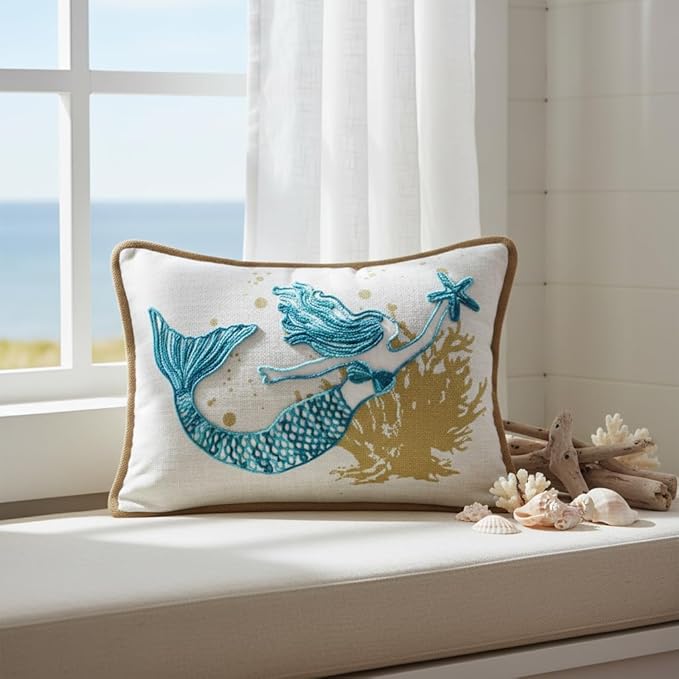 Comfy Hour Under The Sea Collection Ocean Mermaid Starfish Coral Coastal Accent Throw Pillow Cushion for Marine Animal Lovers, Polyester