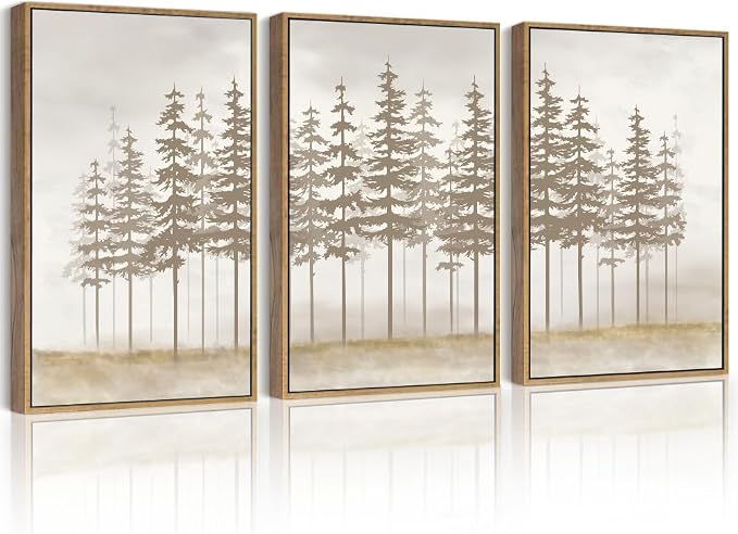 PHOPAGO Watercolor Foggy Pine Tree Framed Wall Art Large 16x24in Nature Abstract Misty Forests Wall Decor Farmhouse Rustic Paints for Bedroom Home Office - Natural Framed