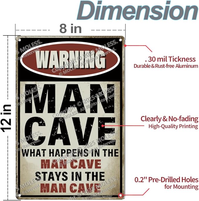 Vintage Man Cave Decor Signs – MAN CAVE RULES | 12x8″ Metal Sign for Man Cave, Garage, or Workshop Wall Decor – ManCave Accessories & Gifts for Men, 2357