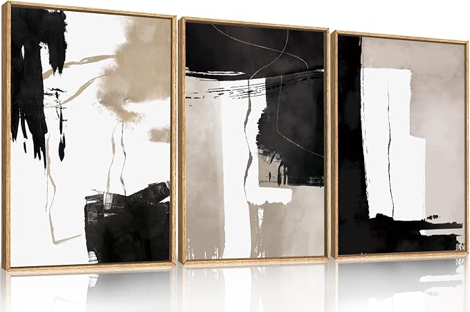 Black White Brown Framed Canvas Wall Art Set, Neutral Geometric Wall Decor, Modern Abstract Wall Painting, Minimalist Artworks for Living Room, Bedroom, Dining Room, Office-24 x36 x3