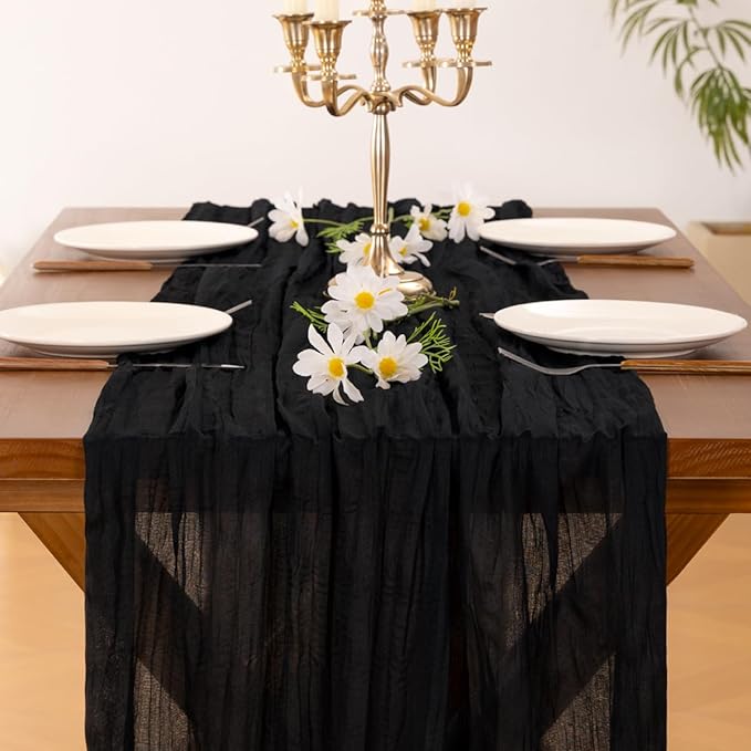 Socomi 10pcs Black Cheesecloth Table Runner Boho Rustic Gauze Easter Spring 120 inch 10FT Cheese Cloth Runner for Wedding Party Baby Shower Birthday Home Decor Holiday Decorations