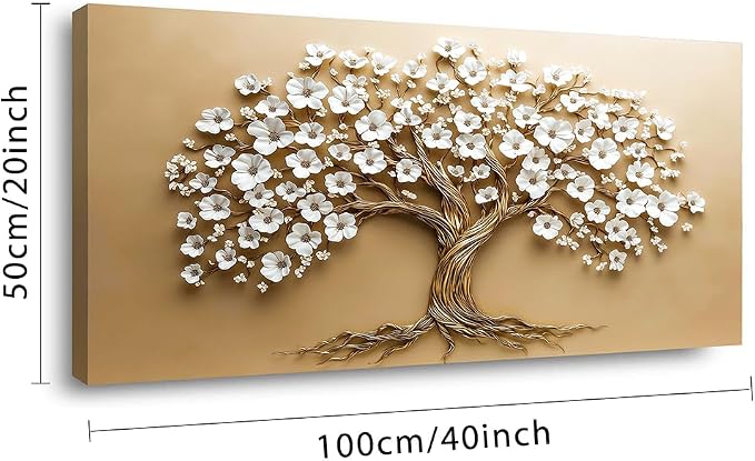 Ggaafet White FLower Tree Wall Art for Bedroom Canvas Oil Painting Prints Beautiful Floral Blooming Art Deco Modern Artwork Office Family Dining Room Decor