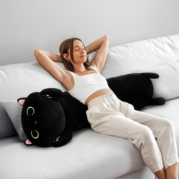 MaoGoLan Black Cat Plush Body Pillow, 44'' Giant Glow in The Dark Cat Stuffed Animal Toy for Girl Boy Kid, Big Cute Kitten Plush Throw Pillow for Birthday Gift, Baby Shower Party Favor Decor