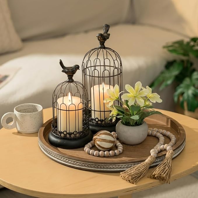 Hanobe Large Round Decorative Tray: Farmhouse Neutral Coffee Table Decor Wood Beaded Trays Vintage Ottoman for Home Counter Living Room