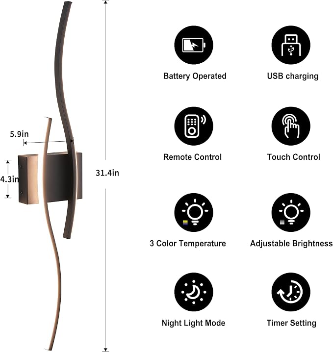 KARTOOSH Battery Operated Wall Sconces Set of Two with Remote Control, Dimmable/3 Color/Night-Light/Timer/Memory, Black Modern Wireless LED Sconce for Living Room, Hallway, Bedroom, 31.4 Inch (2 Pack)