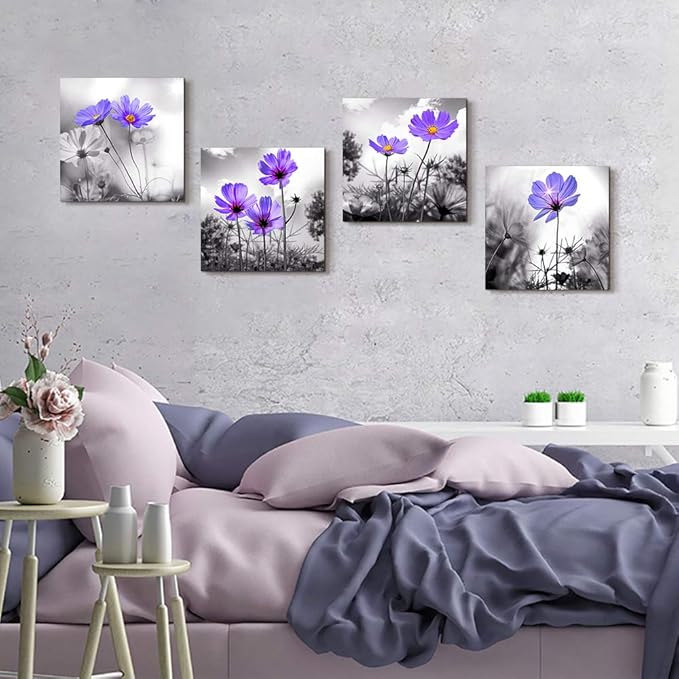 Wall Art For Living Room Black and White purple flower Canvas Wall Decor for Home Decor artwork painting 12" x 12" 4 Pieces Canvas Print For bedroom Decor Modern Salon kitchen Still Life Painting