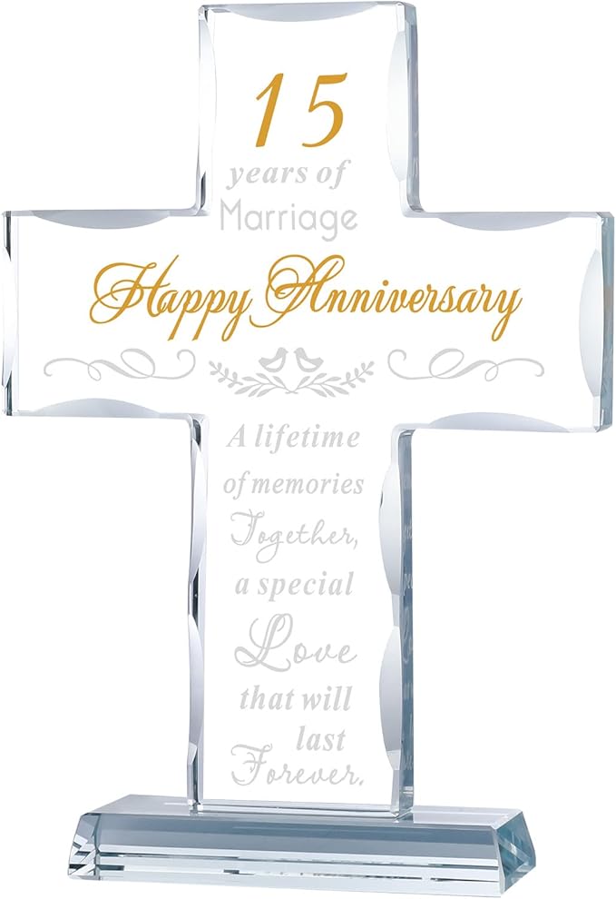 YWHL Happy 15th Anniversary Glass Cross Gifts for Couples, 15 Year Cross Wedding Anniversary Romantic Gifts for Her, 15 Years of Marriage Present for Him
