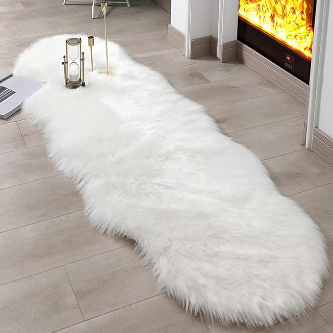 linmopm Super Soft Fluffy Faux Fur Sheepskin Rugs 2x6 ft Sheepskin, White+Faux Rabbit Fur Bubbles Pack of 2 Throw Pillow Covers Pink 18x18 Inch