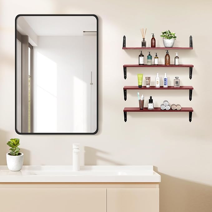 ROMGUAR CRAFT Wood Floating Shelves Set of 4, Rustic Storage Decor Wall Shelves, Wall Mounted Shelf for Living Room, Bedroom 23.6" x 6", Red