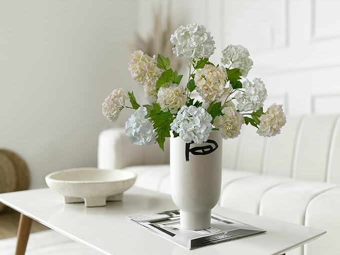 YalzoneMet RUZUQE 4 Pcs Light Pink/Green Artificial Snowball Viburnum Flower Small Blooms Hydrangea Real Touch Faux Latex 26.8'' Long Stem Snowball Flower for Spring Home Decoration Table Centerpiece