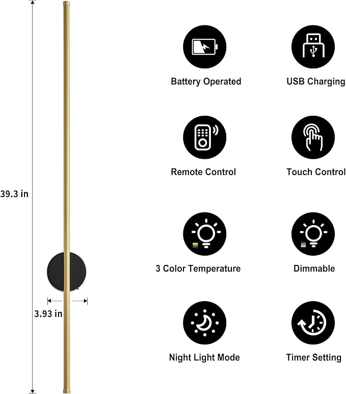 Battery Operated Modern Wall Sconce Set of Two,Rechargeable Wireless Wall Lights with Remote Control,Dimmable,3 CCT,Cordless Lighting Fixtures for Bedroom,Living Room,Hallway,39.3 Inch,Black Gold