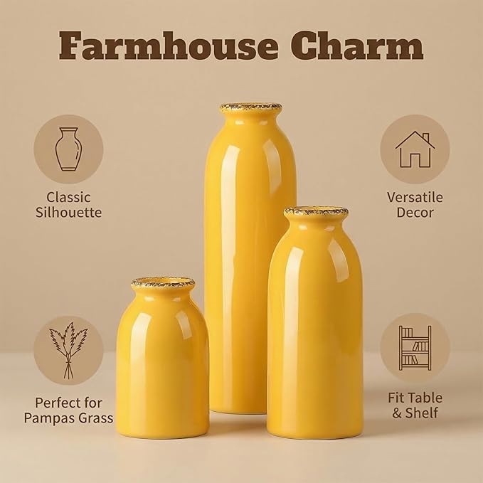 CWLWGO-Ceramic Yellow Vase Set of 3, Decorative Vases for Modern Farmhouse Decoration, Living Room Accents & Dining Table Centerpieces, Idea Bookshelf Mantel and Entrance Decor.