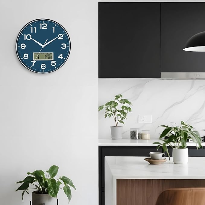 AKCISOT Wall Clock 12 Inch, Non-Ticking Silent Battery Operated Analog with LCD Display for Perpetual Calendar and Temperature, Ideal Modern Decor for Home, Bedroom, Kitchen, Office (Blue)