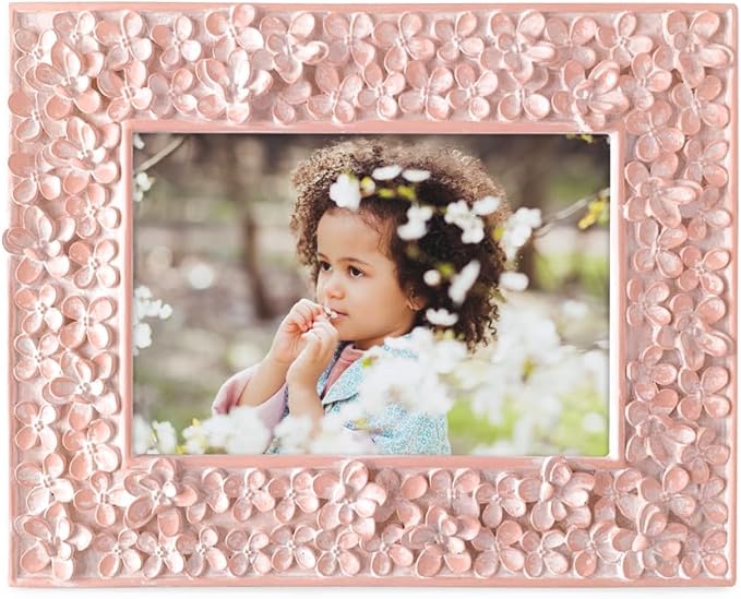 Isaac Jacobs 4x6 Pink Flower Textured Hand-Crafted Resin Picture Frame w/Easel & Hook for Tabletop & Wall Display, Decorative Floral Design Home Décor, Photo Gallery, Art (4x6, Pink) (Pack of 2)
