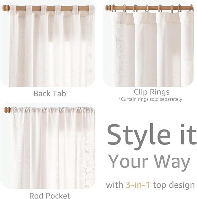 jinchan Winslow Linen Curtains for Bedroom 63 Inches Length Embroidered Bordered Floral Curtains for Living Room Farmhouse Decor Light Filtering Window Treatments White on White Drapes 2 Panels