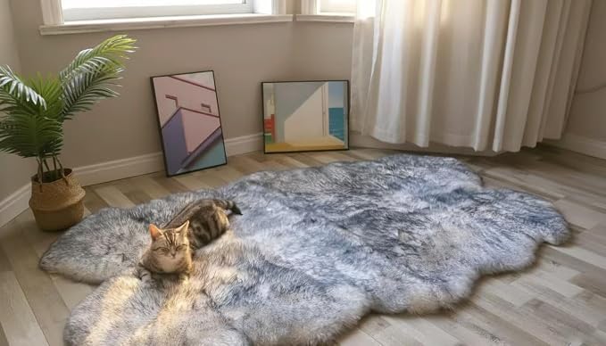 Sheepskin Rug, Fluffy Shaggy Area Rug, Super Soft 48‘’ x 72‘’ Sheepskin Hair Rug, Plush Rug, Decorative Rugs for Bedroom, Children's Room, Living Room(Silver Grey, 48"×72”)