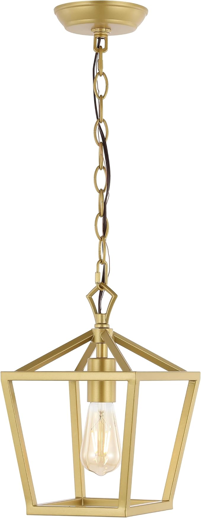 JONATHAN Y 8" Gold Painting Lantern Pendant Light, 1-Light Pagoda Style Metal Cage Farmhouse Hanging Ceiling Fixture for Kitchen Island, LED Bulb Included (JYL7618B)
