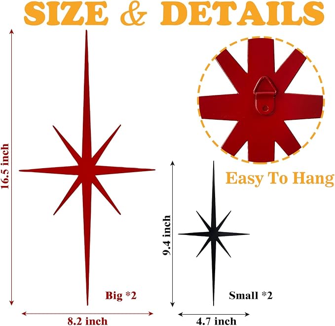 4 Pack Metal Star Wall Art 8 Pointed Starburst Wall Decor Set with 2 Large & 2 Small Pieces Mid Century Celestial Metal Wall Sculpture for Bedroom Living Room Office Gallery Wall