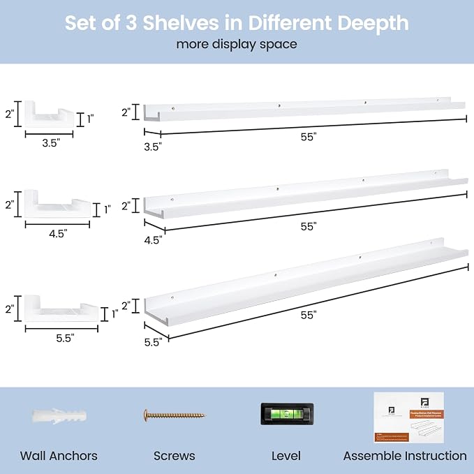 Picture Ledge Shelf for Wall, 56 inches Solid Pine Wood Nursery Book Shelves 3 Packs, Floating Ledge Shelves for Kids' Room Bedroom Bathroom Long Floating Shelves for Wall Nursey Wall Decor, White
