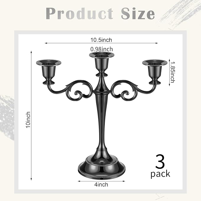 Dandat 3 Pcs 3 Arm Metal Candelabra Candlestick Holders Tall Candlestick Holders Gothic Candle Holder for Home Wedding Church Christmas Party(Classic,10 Inch,Black)