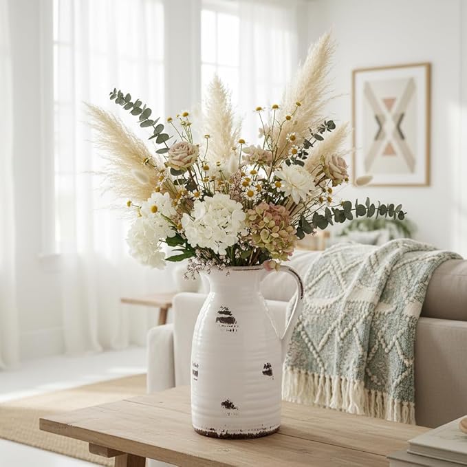 hjn Farmhouse Pitcher Vase for Flowers- Ceramic Pitcher Vase Decrative Pitchers for Your Kitchen/Home Decor/Office/Living Room/Bookshelf/Mantel/-White and Antique
