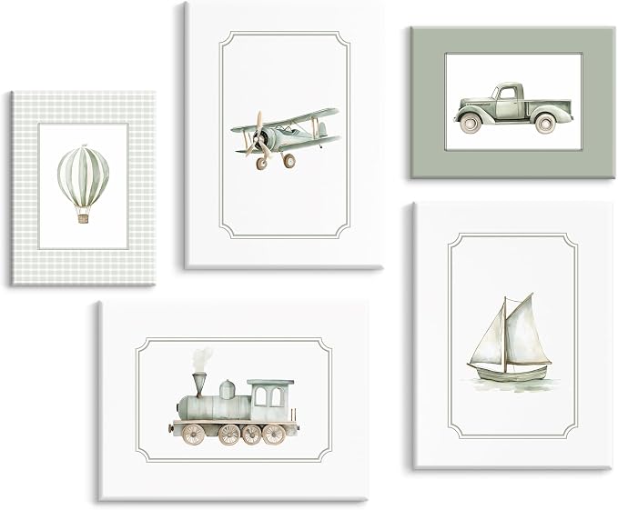 Sage Green Nursery Wall Art Boys Room Canvas Poster Kids Wall Decor Vintage Vehicle Prints Baby Toddler Pictures Transportation Plane Painting Train Truck Artwork for Bedroom 8x10 Inch Ready to Hang