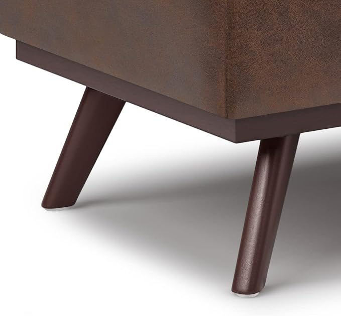 SIMPLIHOME Owen Lift Top Coffee Table Storage Ottoman - 42 inch Wide Upholstered Vegan Leather Rectangular Lift-Top Ottoman in Distressed Chestnut Brown, Mid-Century Modern Ottoman for Living Room