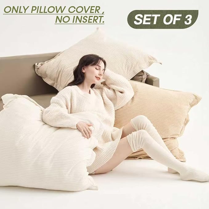 COCO TOP 30x30 Inch Corduroy Pillow Cover Set (3-Pack) -Only Covers, No Insters（Camel/Beige/White）