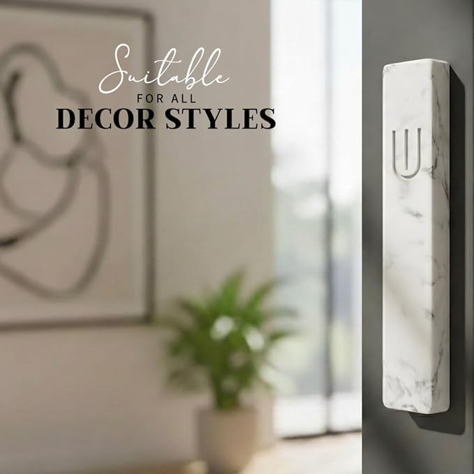 SURI Mezuzah for Door – 7 Inch Marble Cream Concrete Mezuzah Case with Non Kosher Scroll, Self-Stick Jewish Entry Design, Fits a 6 Inch Scroll, Gift Box Included