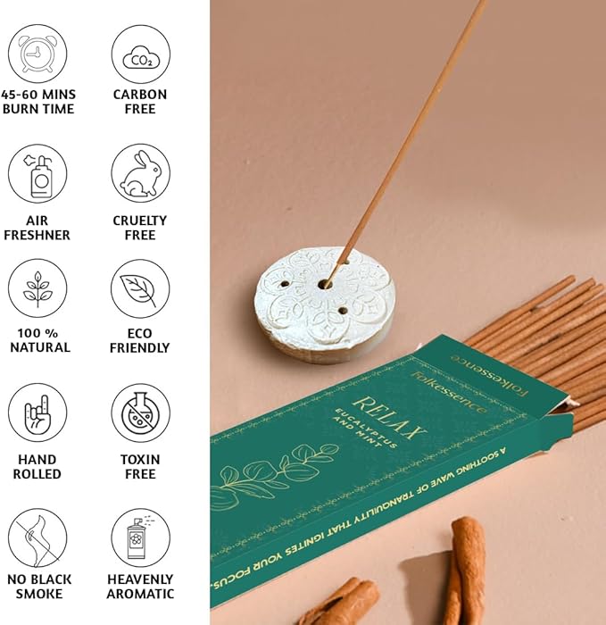 Folkulture Incense Sticks with Holder (100 Sticks)| Eucalyptus Incense Stick for Meditation, Aromatherapy, Realxation Gifts | No Charcoal,Organic,Non Toxic, 45 Mins, Long Burning Insence-Sticks