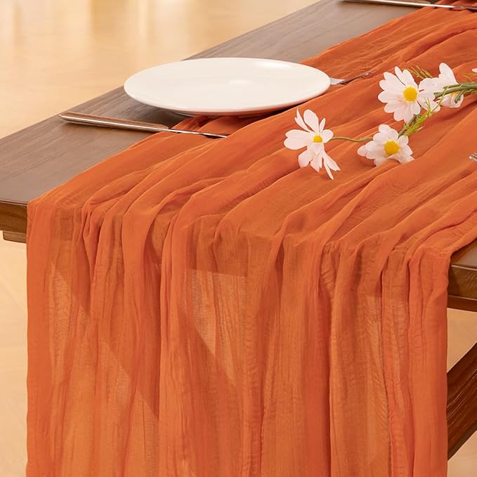 Socomi 10pcs Orange Valentine's Day Cheesecloth Table Runner Boho Rustic Gauze 120 inch 10FT Cheese Cloth Runner for Wedding Party Baby Shower Birthday Home Decor Holiday Decorations
