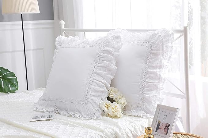 White Lace Throw Pillow Covers Euro Shams Cushion Cases with Ruffles Cotton 24"X24" Zipper Closure Luxury Elegant 2-Pack